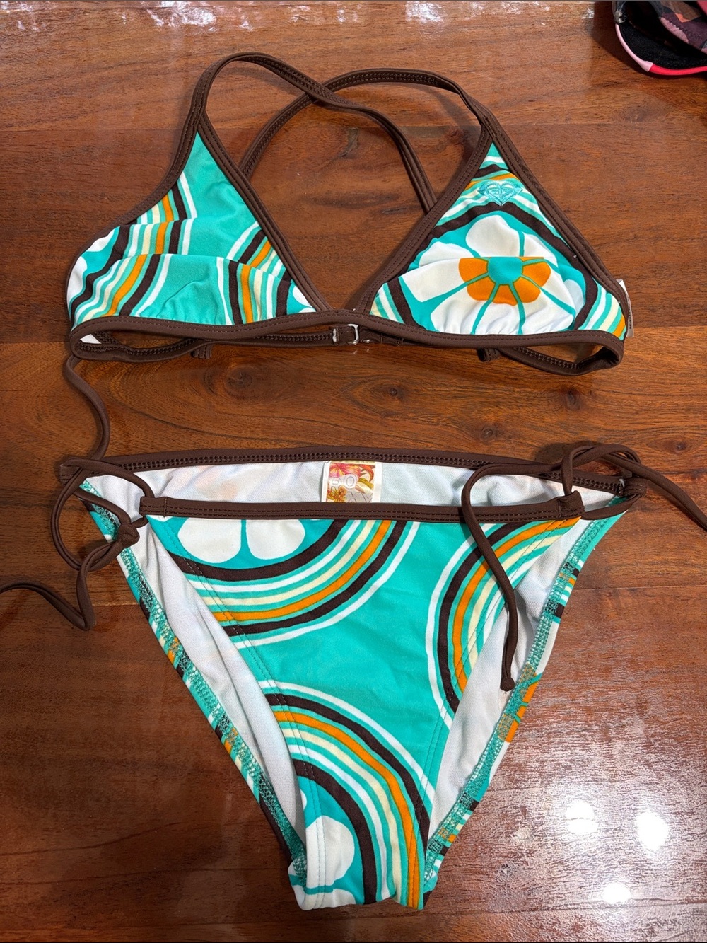 Roxy Teal Brown Orange Striped Floral Bikini